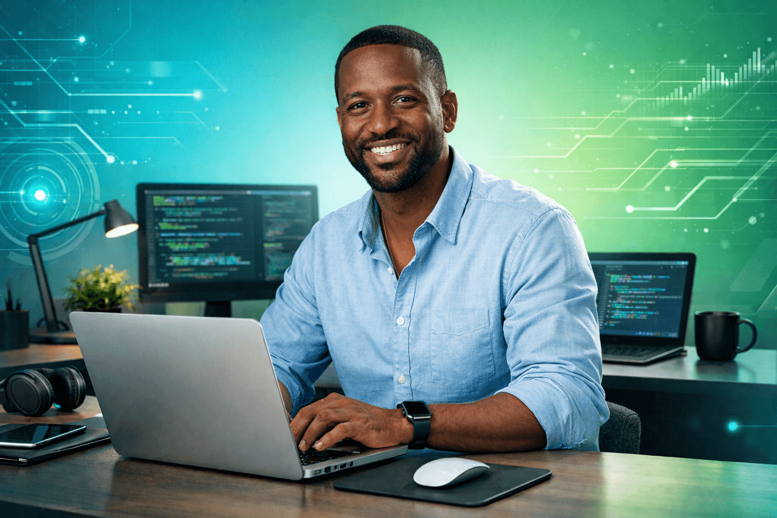 Professional focused on work with a smile